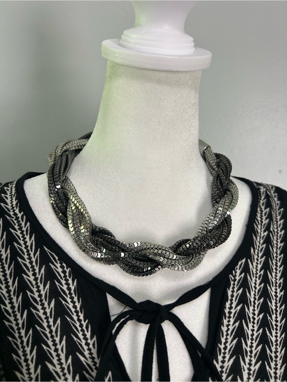 Twisted Silver Gunmetal Black Chunky Braided Chain Statement Necklace